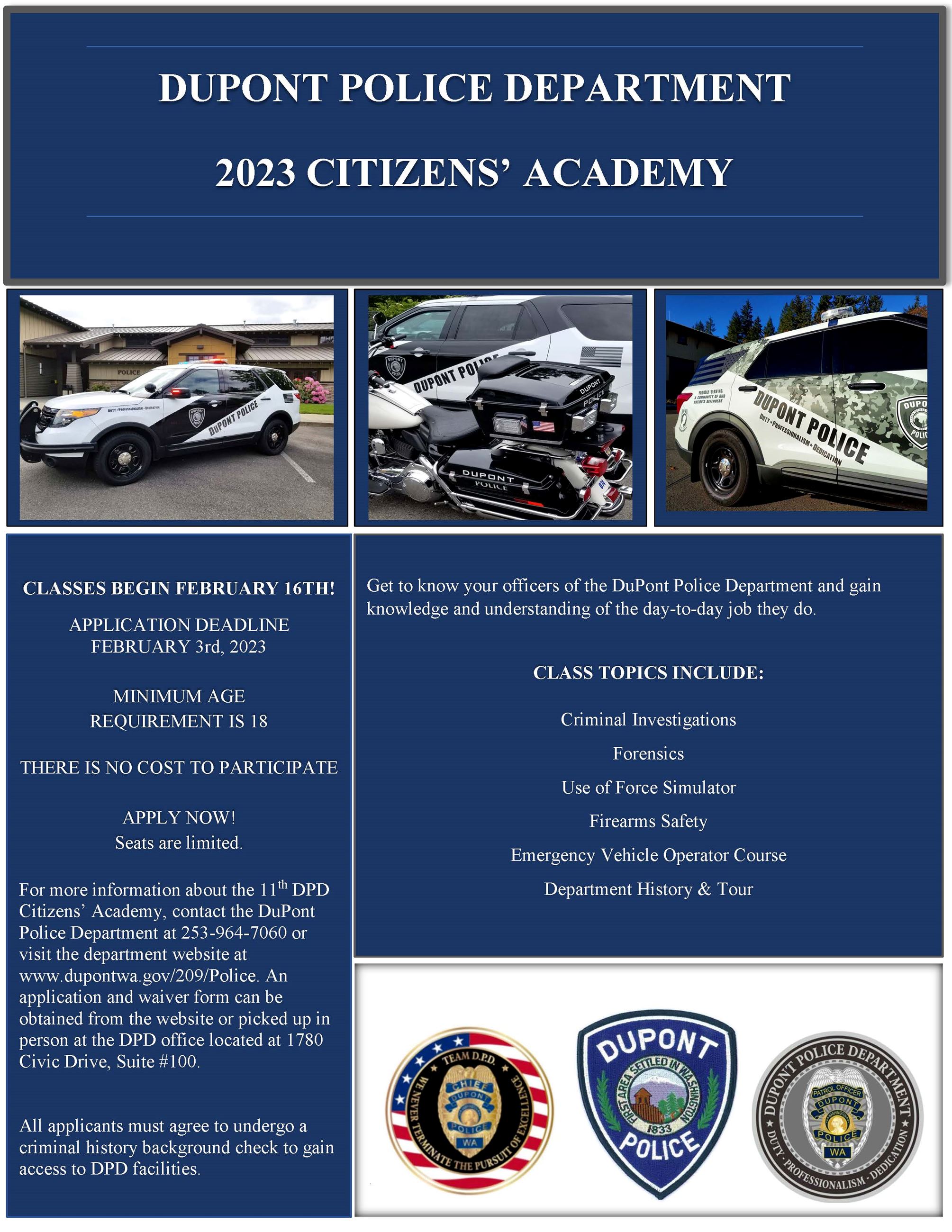 Flyer with photos of police vehicles and information about the Citizens' Academy